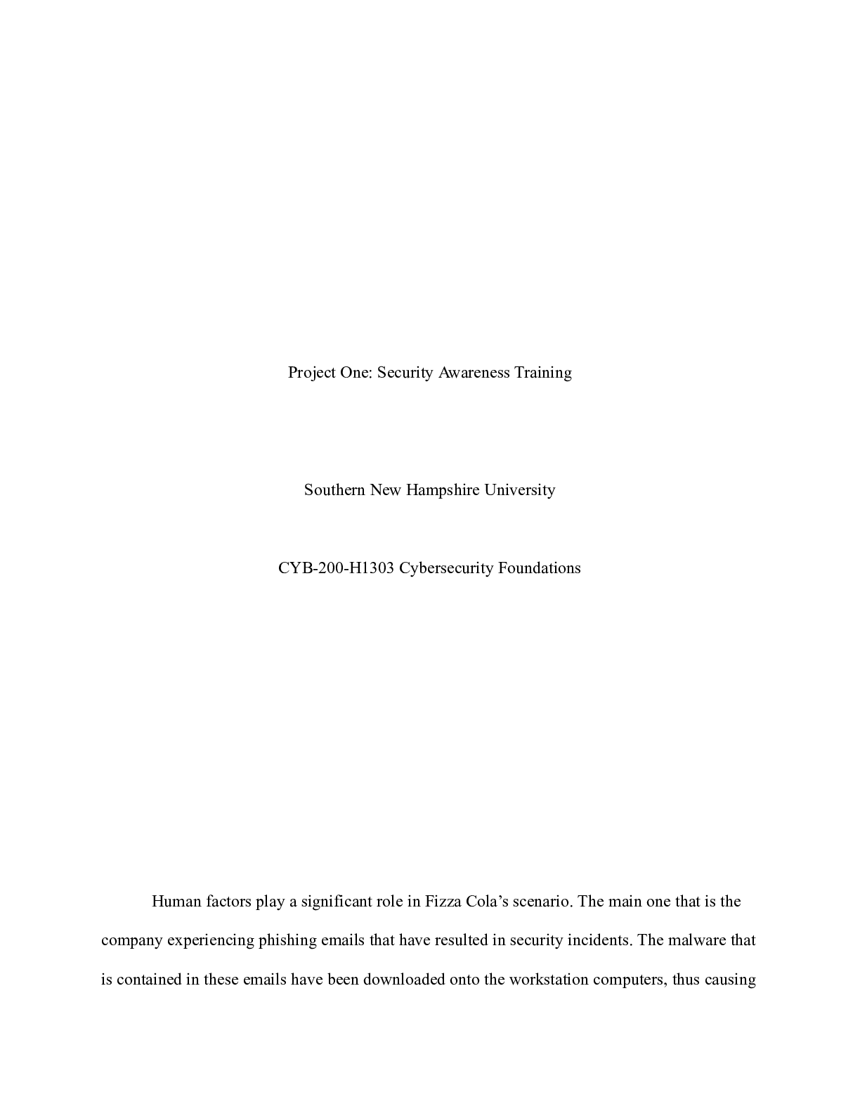 Preview image for CYB 200 ProjectOne Jenn Arsenault.docx    Project One: Security Awareness Training  Southe